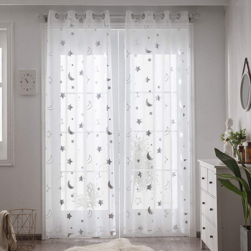 SEEKRIGHT Twinkle Moon Curtains Sheer Silver for Baby Nursey Room - Grommet Star and Moon Lace Curtains for Living Room 84 Inch Length, Set 2 Panels - Image 2